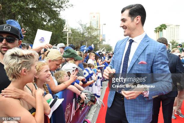 Brian Boyle of the New Jersey Devils walks the red carpet prior to playing in the 2018 Honda NHL All-Star Game at Amalie Arena on January 28, 2018 in...