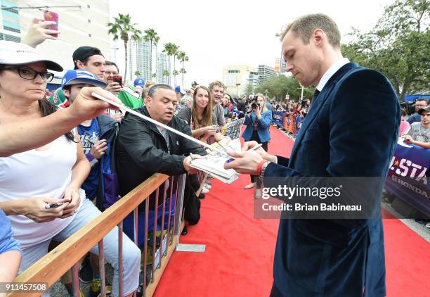 Pekka Rinne of the Nashville Predators walks the red carpet prior to playing in the 2018 Honda NHL All-Star Game at Amalie Arena on January 28, 2018...