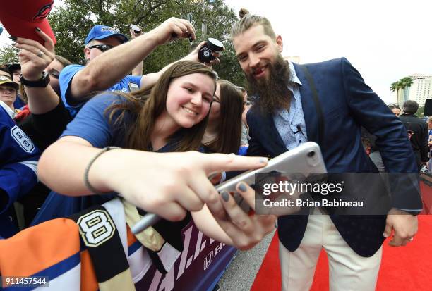 Brent Burns of the San Jose Sharks walks the red carpet prior to playing in the 2018 Honda NHL All-Star Game at Amalie Arena on January 28, 2018 in...