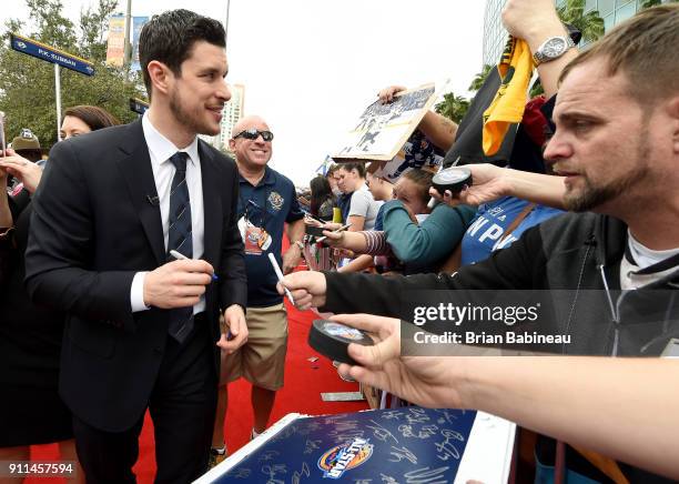 Sidney Crosby of the Pittsburgh Penguins walks the red carpet prior to playing in the 2018 Honda NHL All-Star Game at Amalie Arena on January 28,...