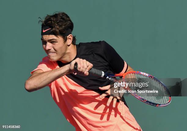 Taylor Fritz in action against Bradley Klahn during the finals of the Oracle Challenger Series tournament played on January 28, 2018 at the Newport...