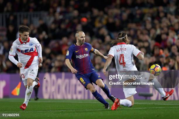 Alvaro Medran of Deportivo Alaves, Andries Iniesta of FC Barcelona, Alexis Ruano of Deportivo Alaves during the La Liga Santander match between FC...