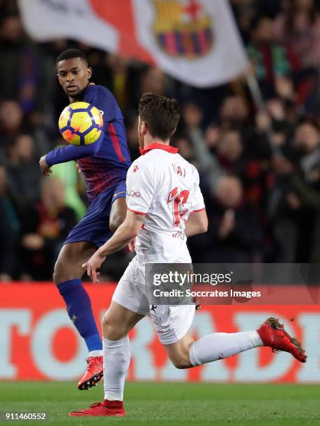 Nelson Semedo of FC Barcelona, Ibai Gomez of Deportivo Alaves during the La Liga Santander match between FC Barcelona v Deportivo Alaves at the Camp...