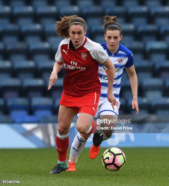 Heather O'Reilly of Arsenal Women takes on Lauren Bruton of Reading during the match between Reading FC Women and Arsenal Women at Adams Park on...