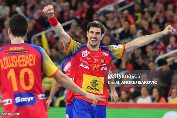 Spain's Viran Morros de Argila celebrates scoring during the final match of the Men's 2018 EHF European Handball Championship between Spain and...