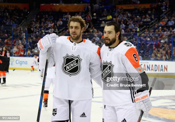 Teammates Anze Kopitar and Drew Doughty of the Los Angeles Kings pose for a picture prior to the 2018 Honda NHL All-Star Game at Amalie Arena on...