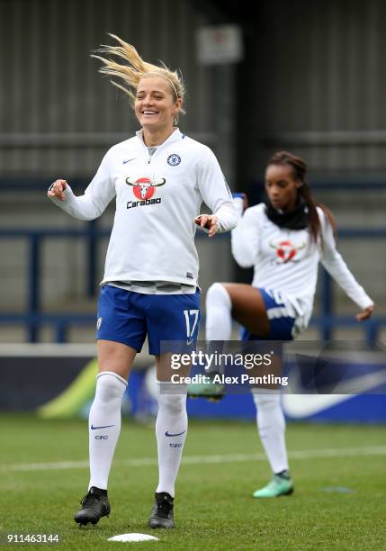 Katie Chapman warms up during the WSL match between Chelsea Ladies and Everton Ladies at The Cherry Red Records Stadium on January 28, 2018 in...