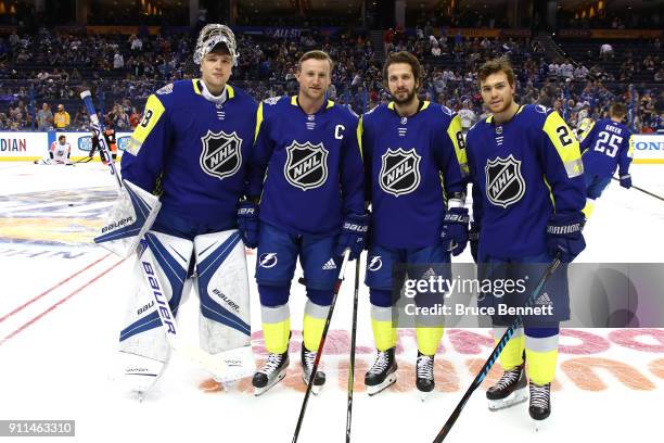 Teammates Andrei Vasilevskiy, Steven Stamkos, Nikita Kucherov, and Brayden Point of the Tampa Bay Lightning pose for a picture prior to the 2018...