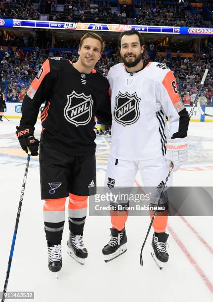 Brayden Schenn of the St Louis Blues and Drew Doughty of the Los Angeles Kings pose for a photo during warm-up prior to the 2018 Honda NHL All-Star...