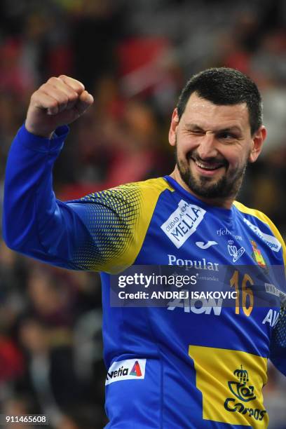 Spain's goalkeeper Arpad Sterbik celebrates winning the final match of the Men's 2018 EHF European Handball Championship between Spain and Sweden on...