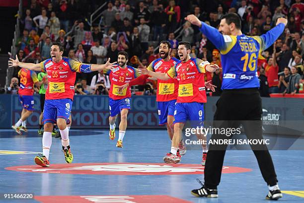 Spian's Adrian Figueras , Spain's David Balaguer , Spain's Daniel Sarmiento , Spain's Alex Dujshebaev and Spain's goalkeeper Arpad Sterbik celebrate...