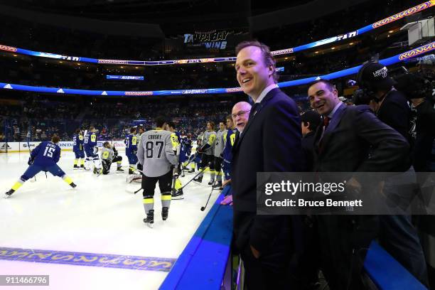 Atlantic Division All-Stars Head Coach Jon Cooper of the Tampa Bay Lightning looks on prior to the 2018 Honda NHL All-Star Game at Amalie Arena on...