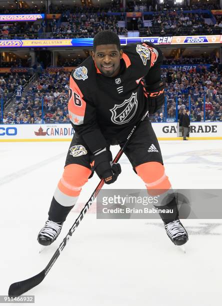 Subban of the Nashville Predators poses for a photo during warm-up prior to the 2018 Honda NHL All-Star Game at Amalie Arena on January 28, 2018 in...