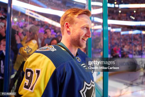 Atlantic Division All-Stars Captain Steven Stamkos of the Tampa Bay Lightning waits to be introduced during the 2018 Honda NHL All-Star Game at...