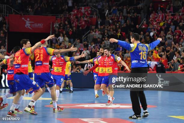 Spain's goalkeeper Arpad Sterbik and Spain's players celebrate winning the final match of the Men's 2018 EHF European Handball Championship between...