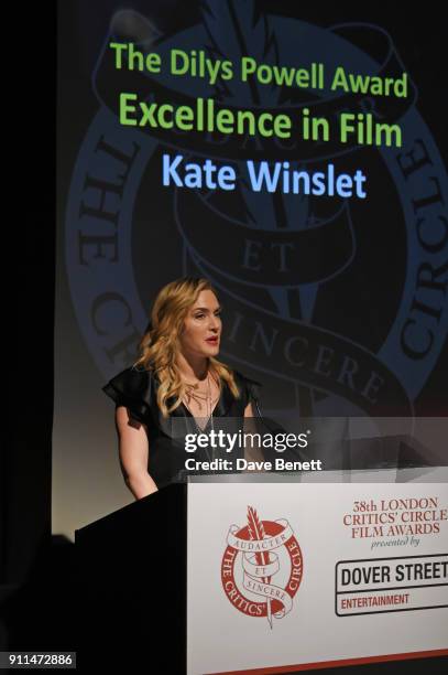 Kate Winslet accepts The Dilys Powell Award for Excellence in Film at the London Film Critics' Circle Awards 2018 at The May Fair Hotel on January...