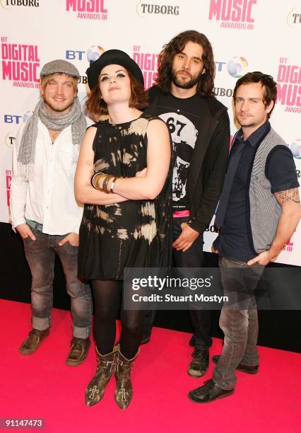 Photo of Ida MARIA and Johannes LINDBERG and Stefan TORNBY and Olle LUNDIN, Group portrait arriving at the BT Digital Music Awards L-R Johannes...