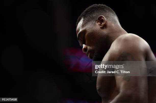 Derek Brunson reacts after being defeated by Ronaldo "Jacare" Souza of Brazil in their middleweight bout during the UFC Fight Night event inside the...