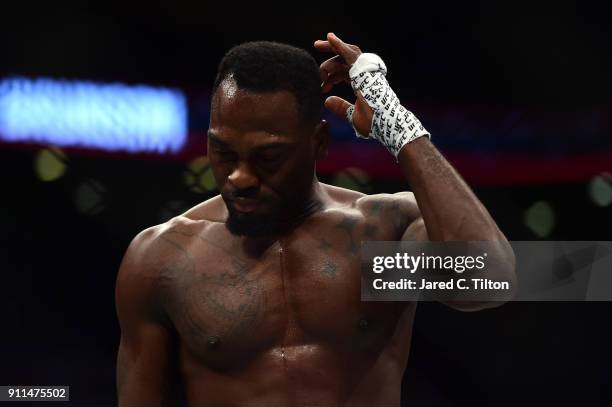 Derek Brunson reacts after being defeated by Ronaldo "Jacare" Souza of Brazil in their middleweight bout during the UFC Fight Night event inside the...