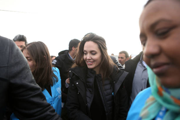Special envoy of the U.N. Refugee agency and movie star Angelina Jolie holds a press conference at the Zaatari camp for Syrian refugees on January...