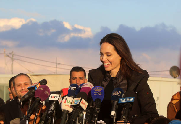 Special envoy of the U.N. Refugee agency and movie star Angelina Jolie holds a press conference at the Zaatari camp for Syrian refugees on January...