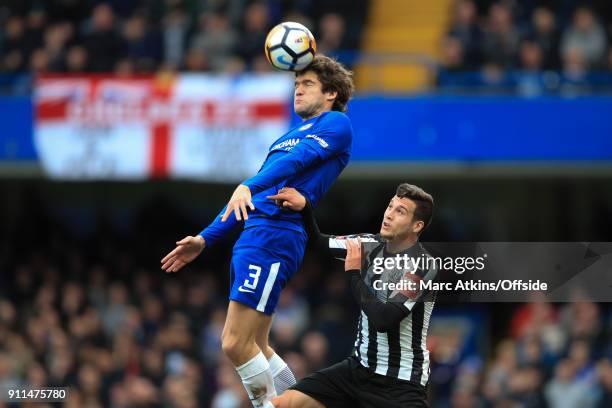 Marcos Alonso of Chelsea in action with Javier Manquillo of Newcastle United during the FA Cup 4th Round match between Chelsea and Newcastle United...