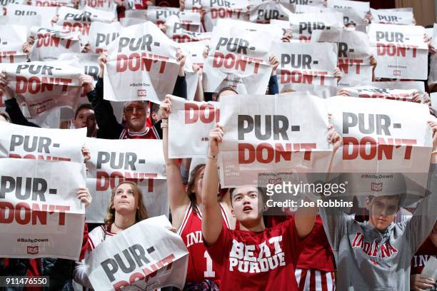 Indiana Hoosiers fans get ready before a game against the Purdue Boilermakers at Assembly Hall on January 28, 2018 in Bloomington, Indiana.