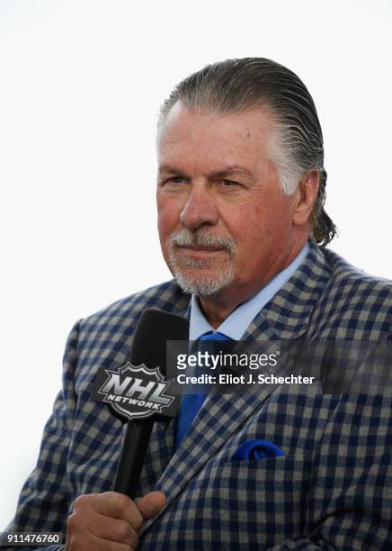 Network sportscaster Barry Melrose comments during the PreGame & Mascot Showdown at Amalie Arena on January 28, 2018 in Tampa, Florida.