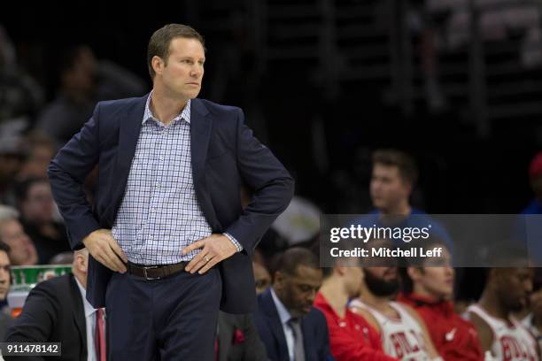 Head coach Fred Hoiberg of the Chicago Bulls looks on against the Philadelphia 76ers at the Wells Fargo Center on January 24, 2018 in Philadelphia,...