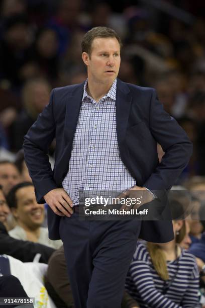 Head coach Fred Hoiberg of the Chicago Bulls looks on against the Philadelphia 76ers at the Wells Fargo Center on January 24, 2018 in Philadelphia,...