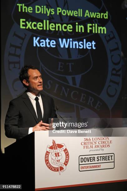 Jude Law presents The Dilys Powell Award for Excellence in Film at the London Film Critics' Circle Awards 2018 at The May Fair Hotel on January 28,...