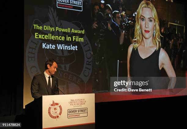 Jude Law presents The Dilys Powell Award for Excellence in Film at the London Film Critics' Circle Awards 2018 at The May Fair Hotel on January 28,...