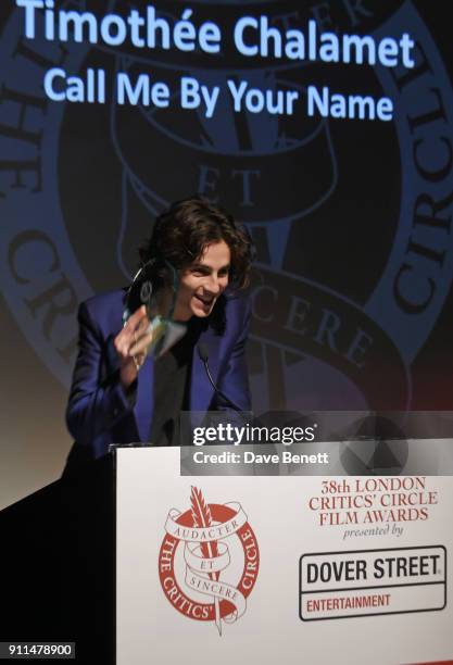 Timothee Chalamet, winner of the Actor of the Year award for "Call Me By Your Name", attends the London Film Critics' Circle Awards 2018 at The May...