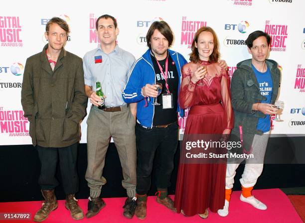 Photo of BRITISH SEA POWER and HAMILTON and NOBLE and Phil SUMNER and Abi FRY and YAN, Group portrait arriving at the BT Digital Music Awards L-R...