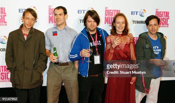 Photo of BRITISH SEA POWER and HAMILTON and NOBLE and Phil SUMNER and Abi FRY and YAN, Group portrait arriving at the BT Digital Music Awards L-R...