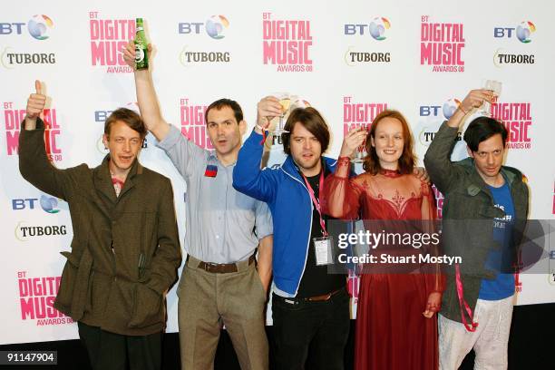 Photo of BRITISH SEA POWER and HAMILTON and NOBLE and Phil SUMNER and Abi FRY and YAN, Group portrait arriving at the BT Digital Music Awards L-R...