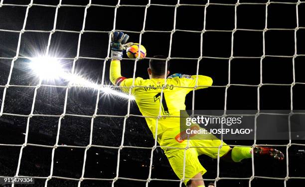 Alaves' Spanish goalkeeper Fernando Pacheco concedes a goal after a shot by Barcelona's Argentinian forward Lionel Messi during the Spanish league...