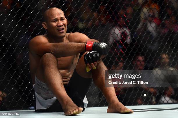 Ronaldo "Jacare" Souza of Brazil reacts after defeating Derek Brunson in their middleweight bout during the UFC Fight Night event inside the Spectrum...