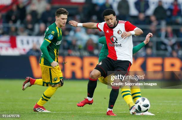 Danny Bakker of ADO Den Haag, Tonny Vilhena of Feyenoord, Lex Immers of ADO Den Haag during the Dutch Eredivisie match between Feyenoord v ADO Den...