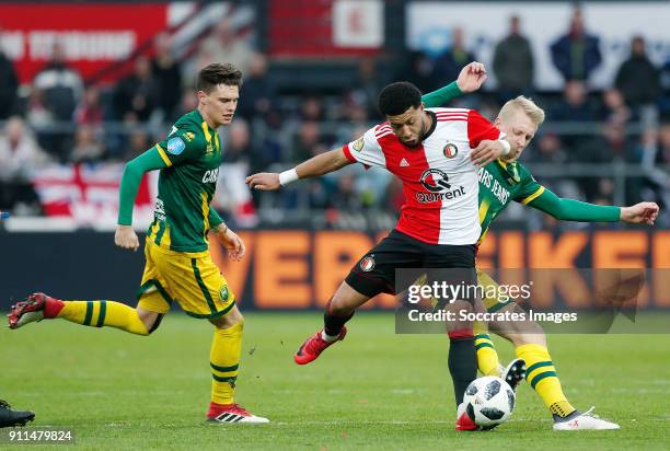 Danny Bakker of ADO Den Haag, Tonny Vilhena of Feyenoord, Lex Immers of ADO Den Haag during the Dutch Eredivisie match between Feyenoord v ADO Den...