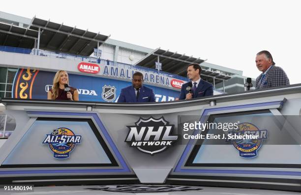 Network sportscasters Jamie Hersch, Kevin Weekes, Mike Johnson and Barry Melrose comment during the PreGame & Mascot Showdown at Amalie Arena on...