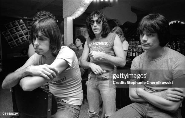 American punk group The Ramones at a soundcheck, USA, circa 1979, Left to right: Johnny Ramone, Marky Ramone and Dee Dee Ramone.