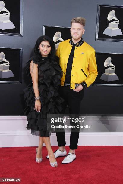 Kirstin Maldonado and Scott Hoying of the group Pentatonix attend the 60th Annual GRAMMY Awards at Madison Square Garden on January 28, 2018 in New...
