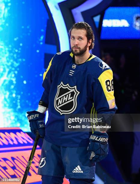 Nikita Kucherov of the Tampa Bay Lightning takes the ice during player introductions prior to the 2018 Honda NHL All-Star Game at Amalie Arena on...