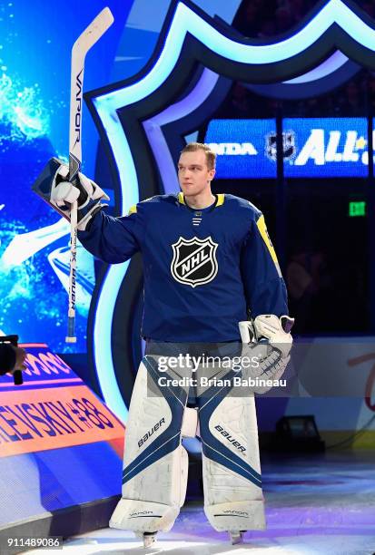 Andrei Vasilevskiy of the Tampa Bay Lightning takes the ice during player introductions prior to the 2018 Honda NHL All-Star Game at Amalie Arena on...