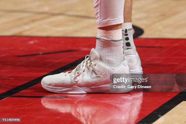 The sneakers of Matthew Dellavedova of the Milwaukee Bucks are seen during the game against the Chicago Bulls on January 28, 2018 at the United...