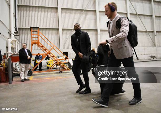 Philadelphia Eagles Wide Receiver Torrey Smith and Philadelphia Eagles Quarterback Carson Wentz arrive for Super Bowl LII on January 28, 2018 at the...