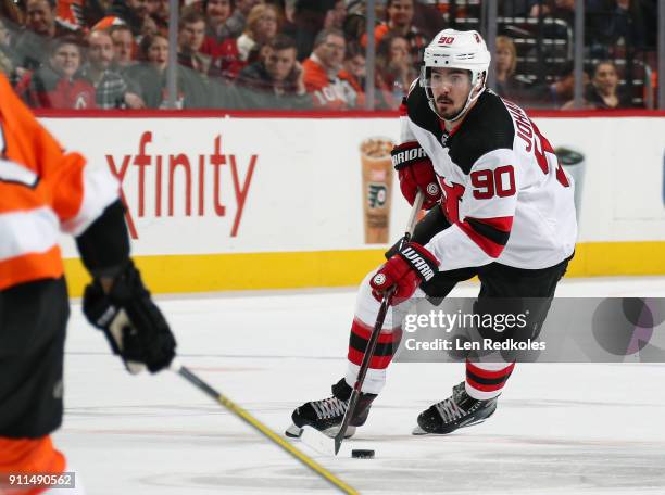 Marcus Johansson of the New Jersey Devils skates the puck against the Philadelphia Flyers on January 20, 2018 at the Wells Fargo Center in...