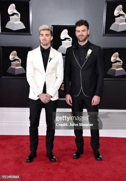 Recording artists Andrew Taggart and Alex Pall of The Chainsmokers attends the 60th Annual GRAMMY Awards at Madison Square Garden on January 28, 2018...