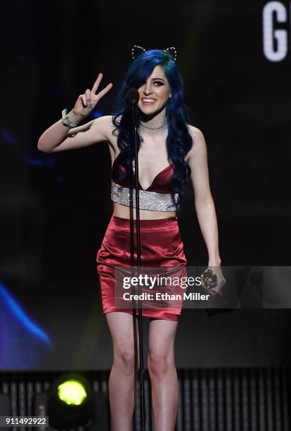 Webcam model Kati3kat accepts the award for Favorite Cam Girl during the 2018 Adult Video News Awards at The Joint inside the Hard Rock Hotel &...